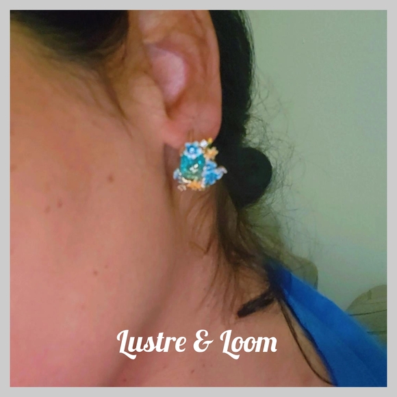 Blue and Gold Floral Earrings - Picture 6 of 9